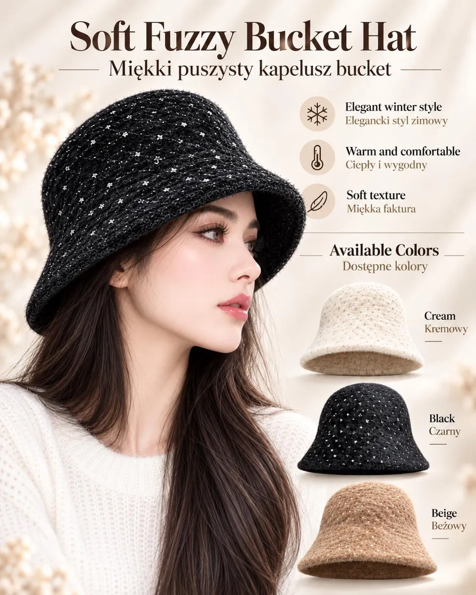 Damski miękki puszysty kapelusz bucket w kolorach kremowym, czarnym i beżowym z delikatnym połyskiem