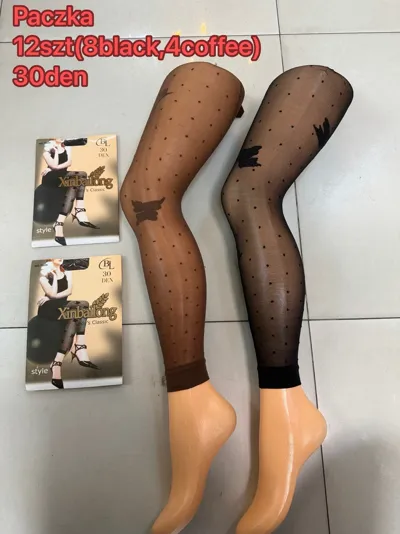 dwie pary cienkich rajstop damskich 30 DEN w kolorach czarnym i kawowym z wzorem kropek i ptaka