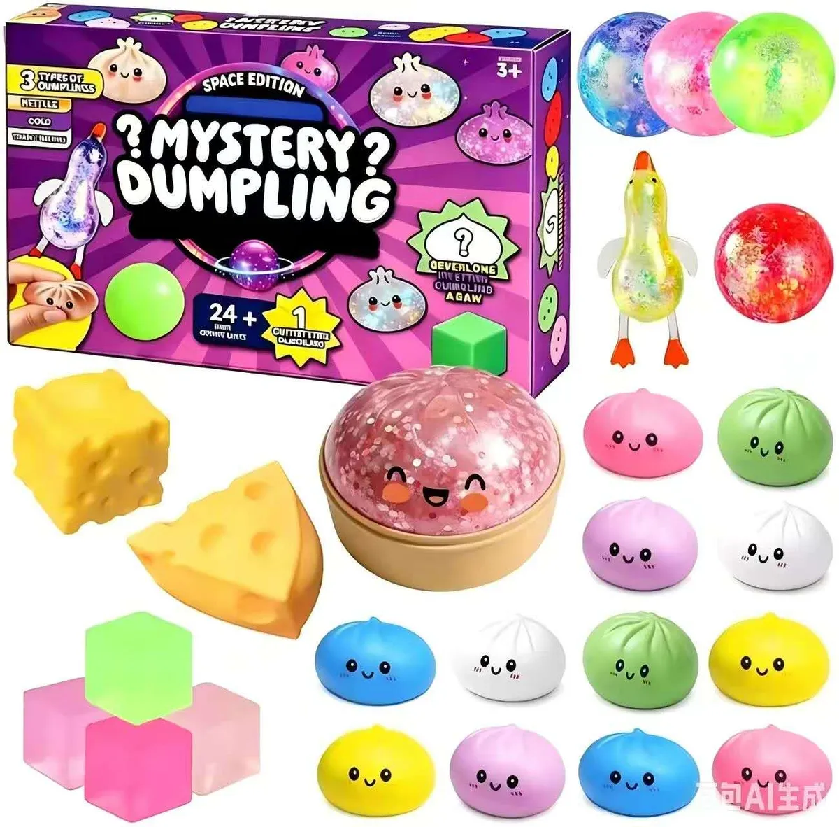 Zestaw kolorowych squishy w kształcie pierożków, miękkie piłki i figurka kaczki obok opakowania