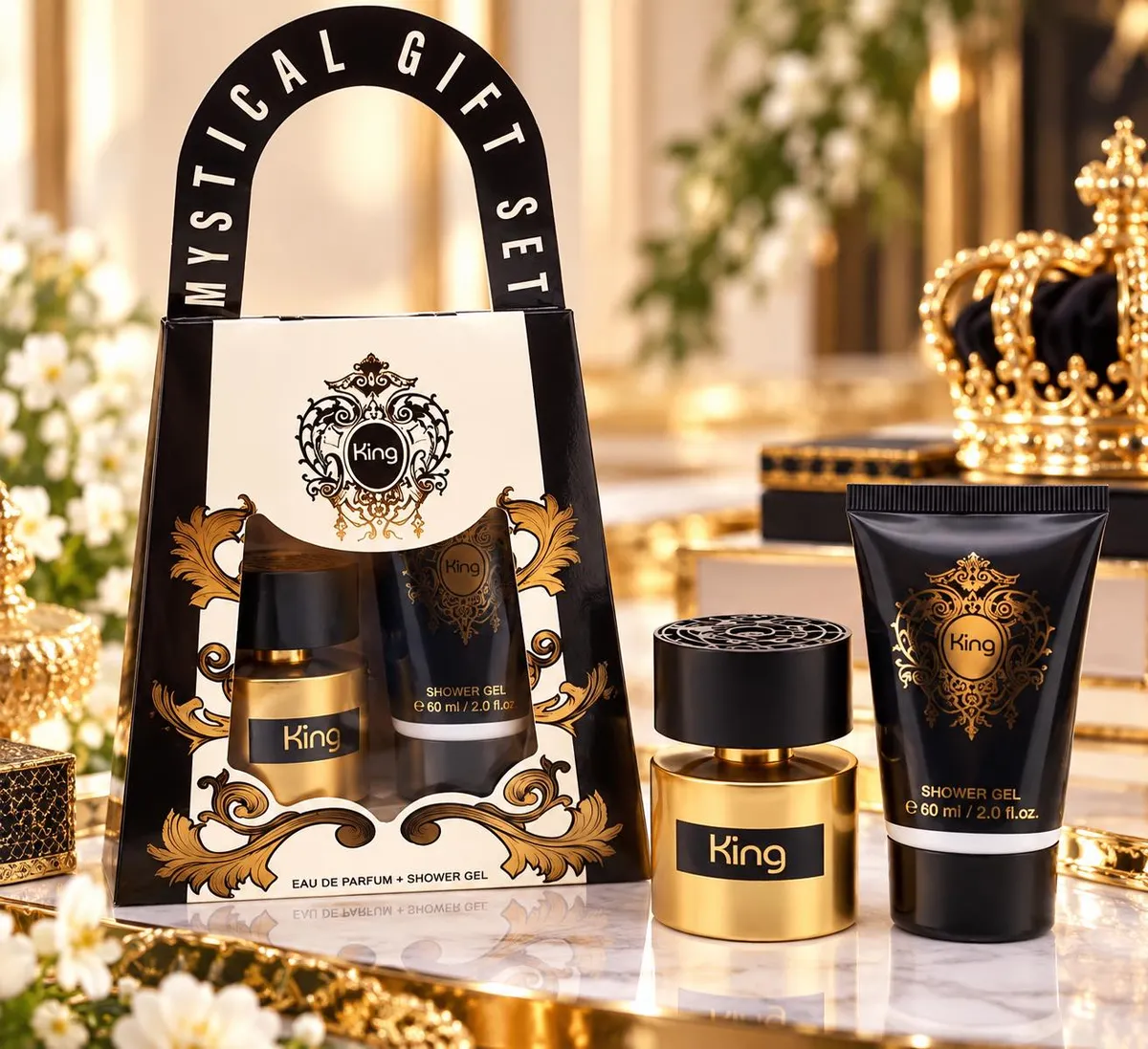 Zestaw prezentowy King z perfumami 30ml i żelem pod prysznic 60ml w czarno-złotym opakowaniu z uchwytem