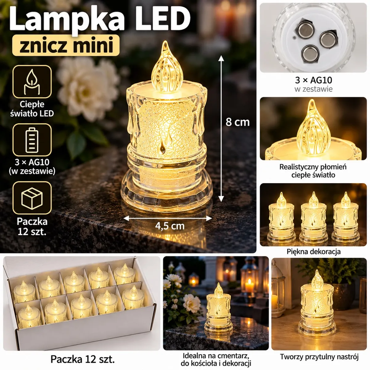 Przezroczysta lampka LED mini znicz 8 cm z realistycznym płomieniem i ciepłym światłem, opakowanie 12 sztuk