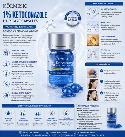 Granatowy pojemnik z metalicznym połyskiem i 6 kapsułek do pielęgnacji włosów KORMESIC 1% ketokonazol