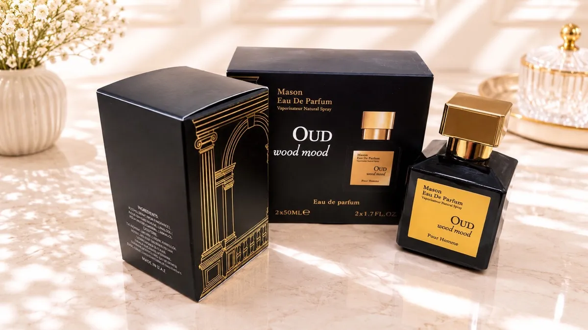 Zestaw perfum Mason Oud Wood Mood 2x50ml czarne butelki ze złotymi etykietami i opakowaniem