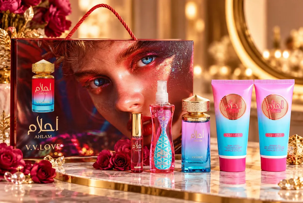 Zestaw kosmetyków AHLAM V.V.LOVE z perfumami, sprayem i balsamami w różowo-niebieskich opakowaniach na marmurowym blacie