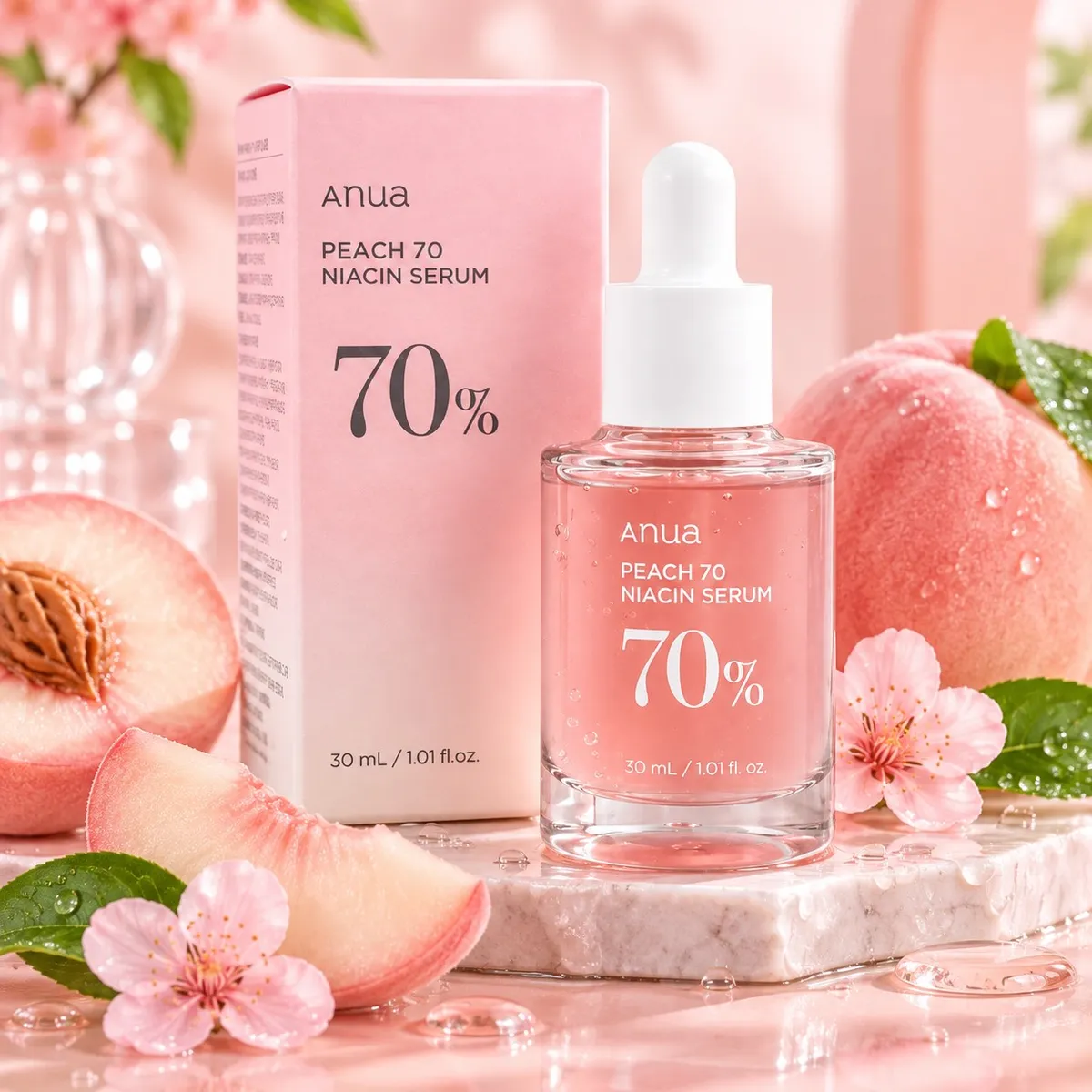 Butelka różowego serum Anua Peach 70% Niacin 30 ml z białym zakraplaczem i różowe opakowanie