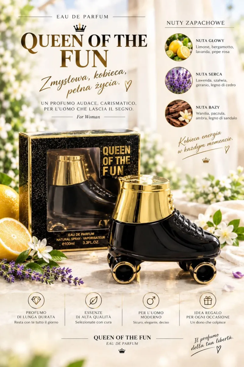 Perfumy Queen of the Fun w butelce w kształcie czarnego rolkowiska ze złotymi detalami i opakowaniem