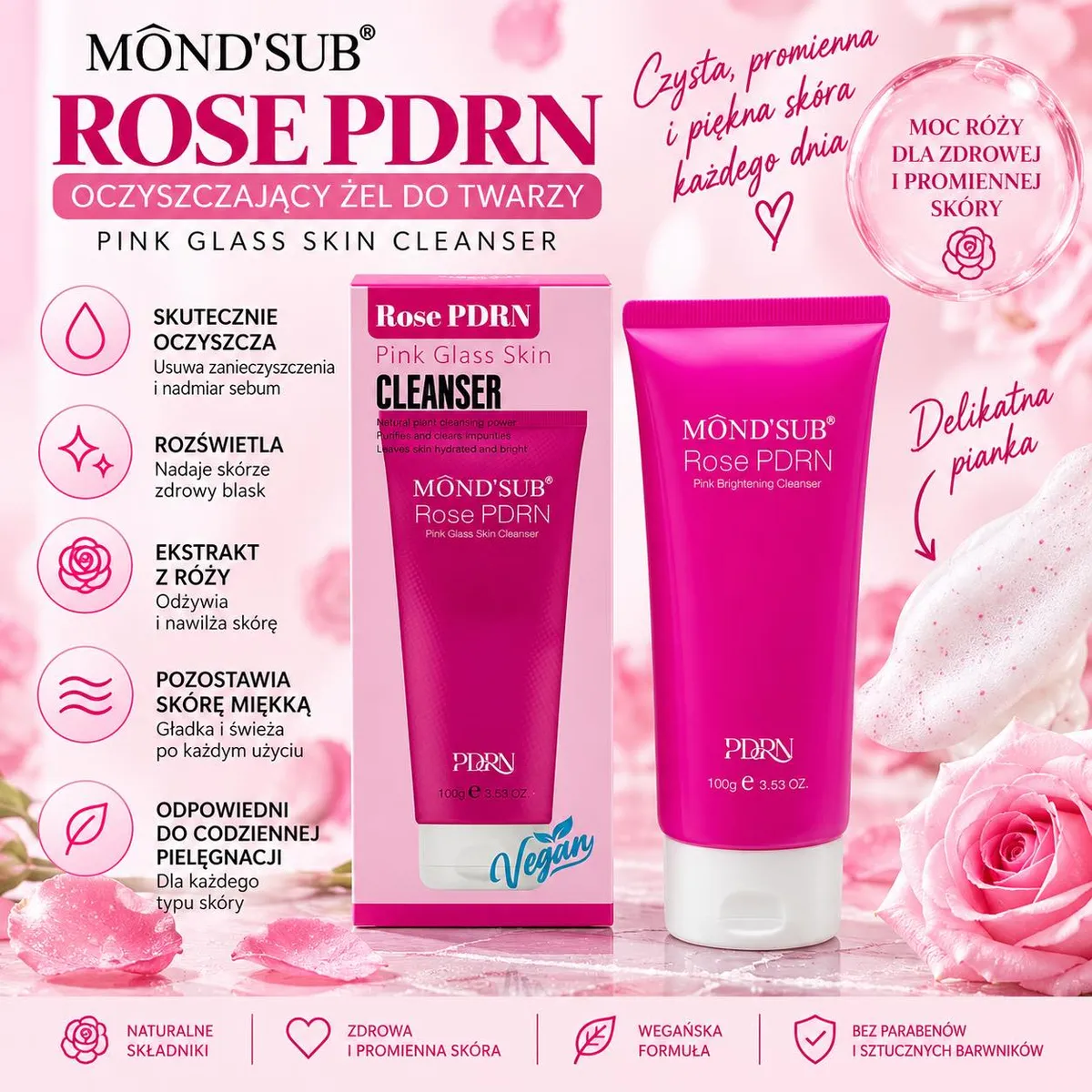 Różowy żel do twarzy Rose PDRN w tubce 100g z opakowaniem i różą obok
