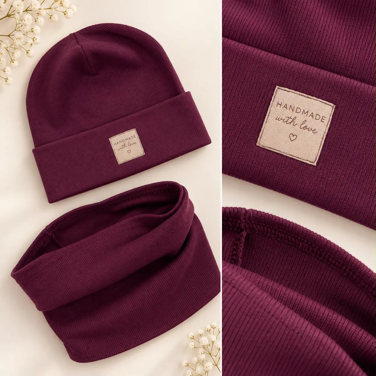 bordowa prążkowana czapka i komin z naszywką handmade rozmiar 52/54