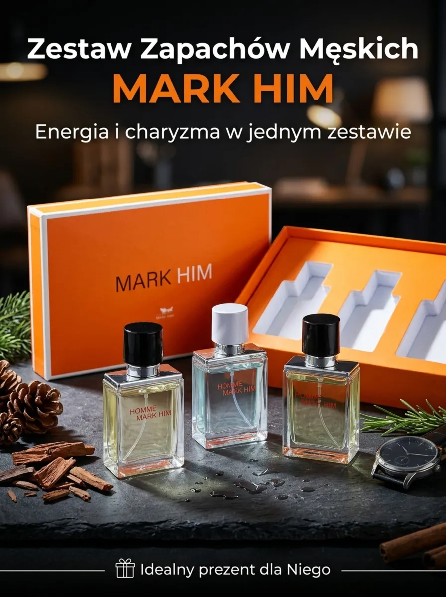 Zestaw trzech męskich perfum mark him 3x30ml w pomarańczowym pudełku z białym wnętrzem