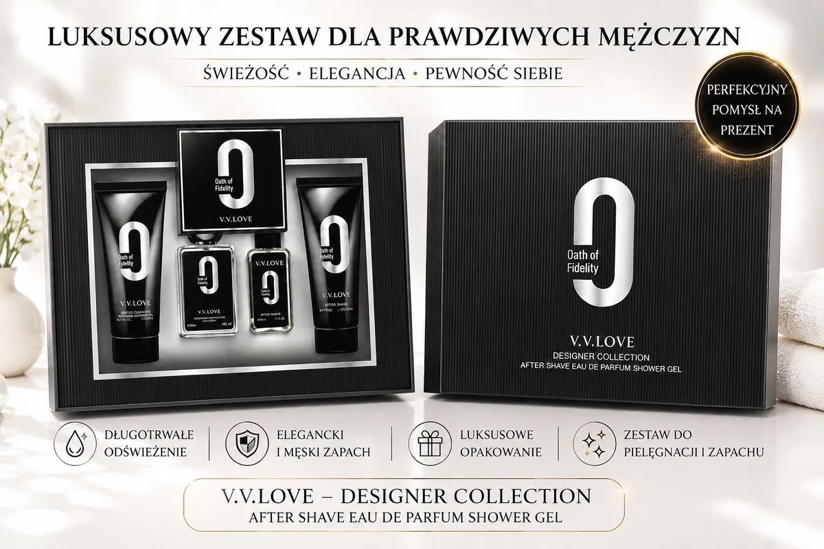 Czarny zestaw prezentowy V.V.LOVE dla mężczyzn z żelem pod prysznic i perfumami w eleganckim opakowaniu