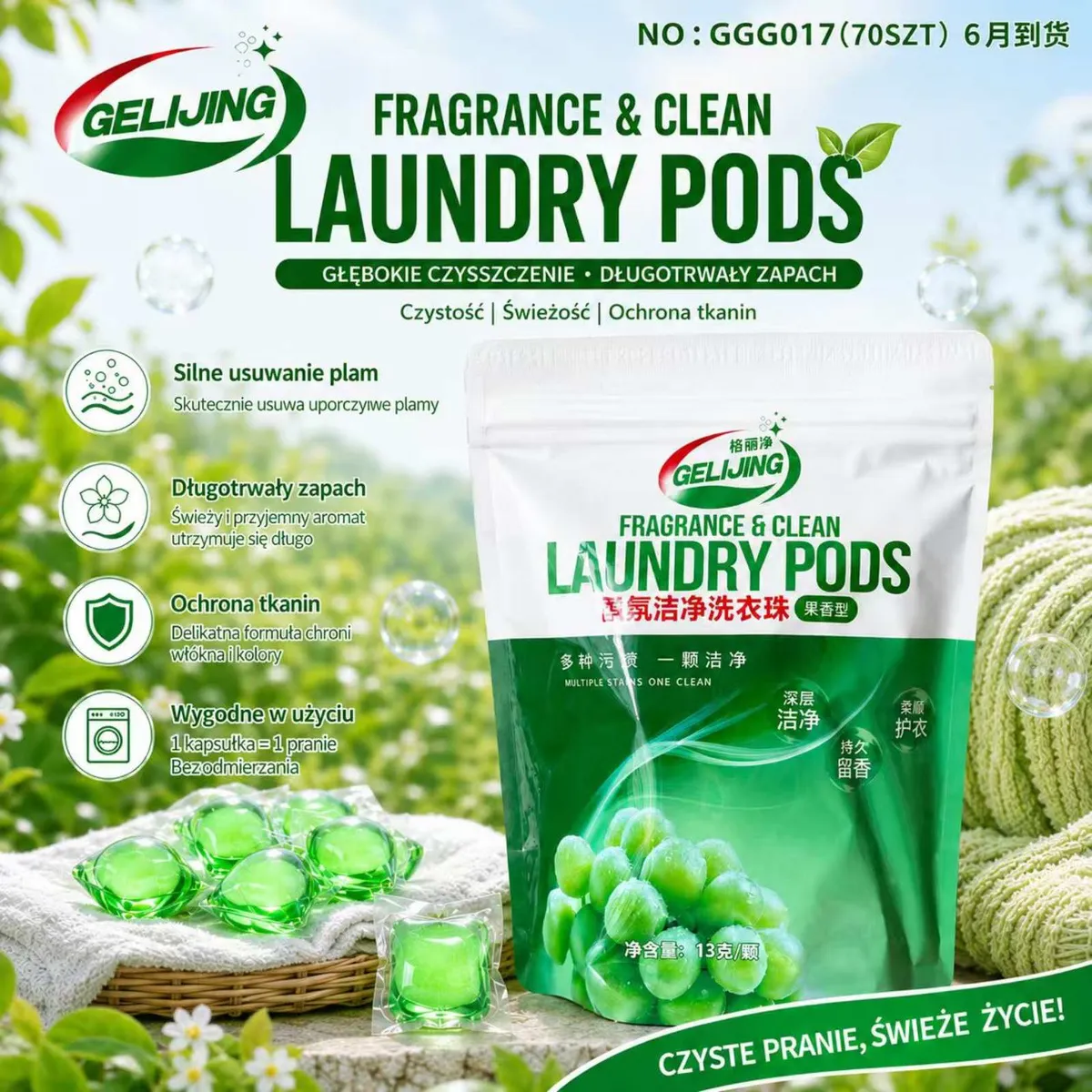 Opakowanie kapsułek do prania GELIJING Laundry Pods zielone kapsułki na białym ręczniku w koszyku