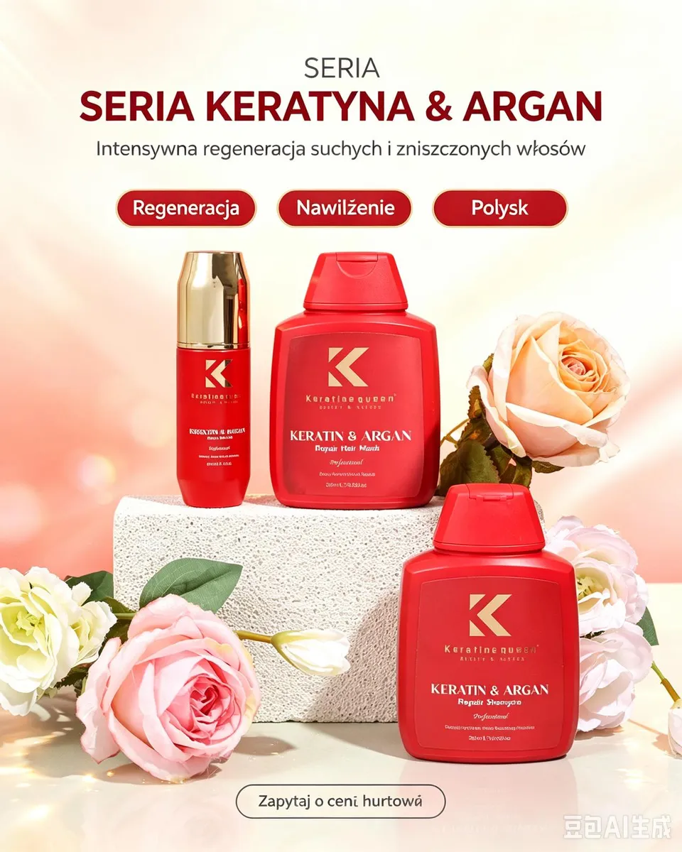 Czerwone opakowania kosmetyków do włosów z serii keratyna i argan na tle kwiatów