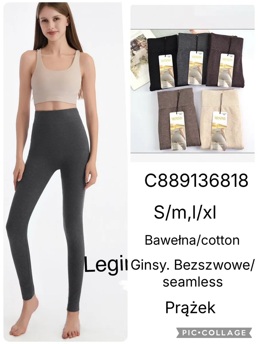 Modelka w szarych prążkowanych legginsach bawełnianych, obok zestaw kolorów legginsów w opakowaniach