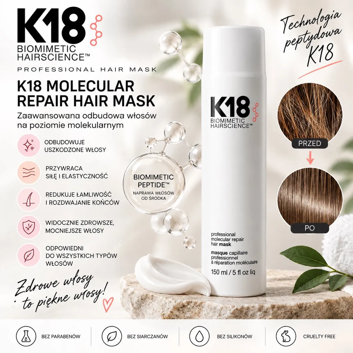 Biały pojemnik 150 ml profesjonalnej maski do włosów K18 Molecular Repair Hair Mask z opisem działania i zdjęciami włosów prz