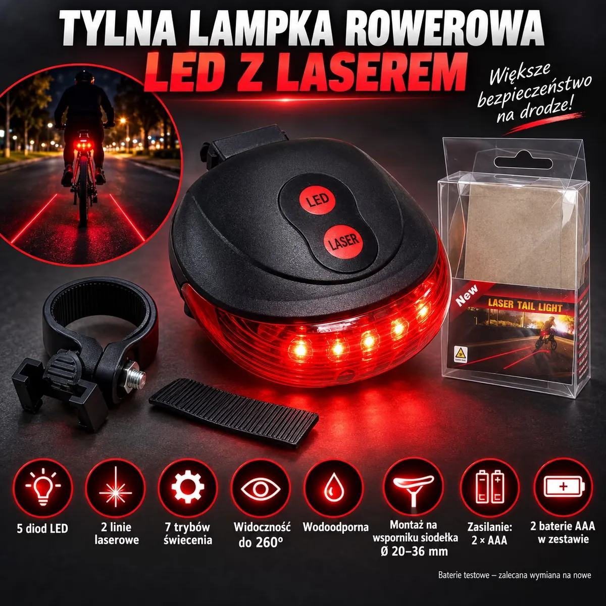 czarna tylna lampka rowerowa LED z czerwonym kloszem, uchwyt montażowy i opakowanie