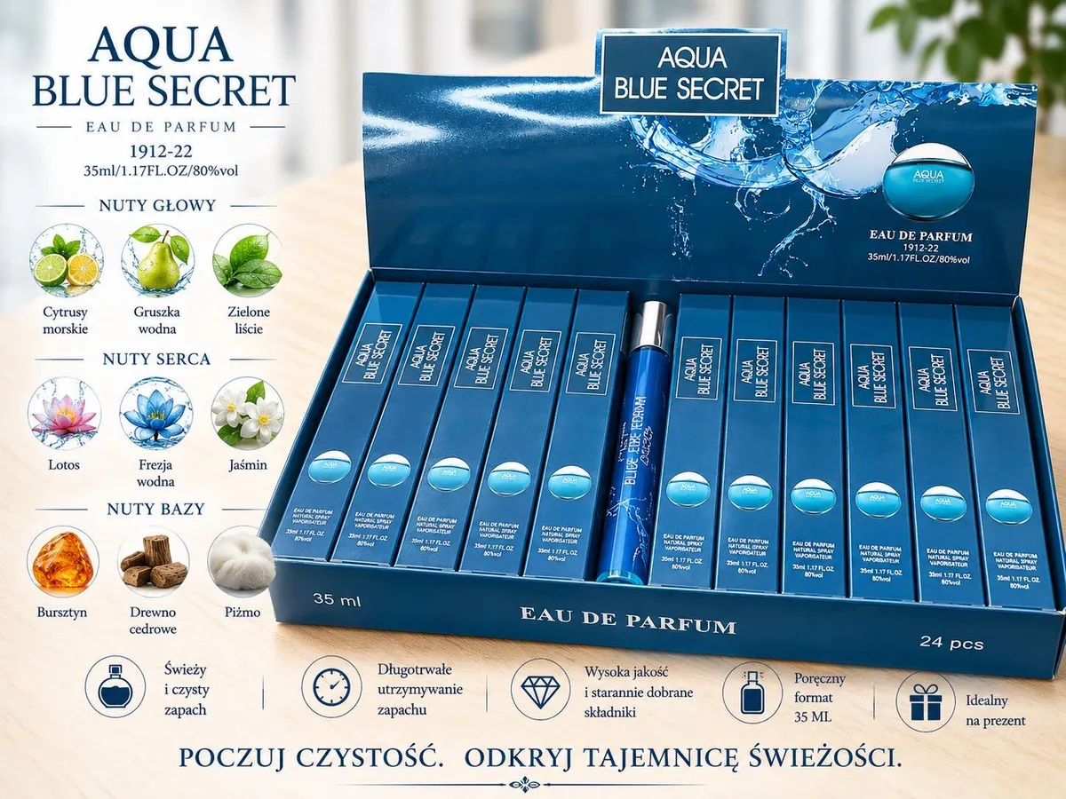 Granatowe opakowanie perfum Aqua Blue Secret 35 ml w kartonie zbiorczym 24 sztuki z grafiką wody