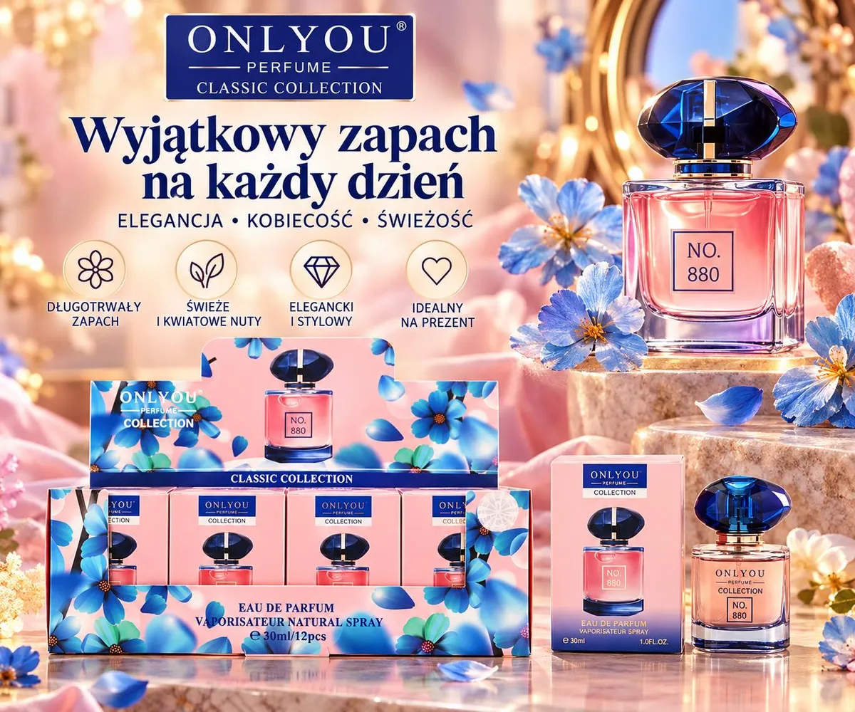 Perfumy Only You No. 880 30ml w różowym płynie z granatową fasetowaną nakrętką, otoczone niebieskimi kwiatami i kartonami zbi