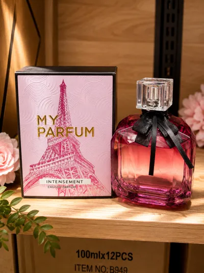 Butelka różowych perfum My Parfum Intensement 100ml z czarną kokardką i opakowanie z Wieżą Eiffla