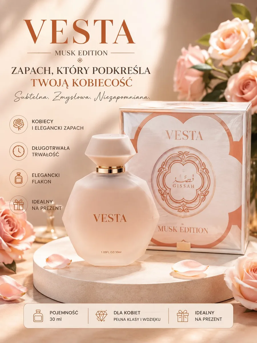 Perfumy VESTA Musk Edition 30ml w matowym, mlecznobiałym flakonie z eleganckim opakowaniem i różowymi różami
