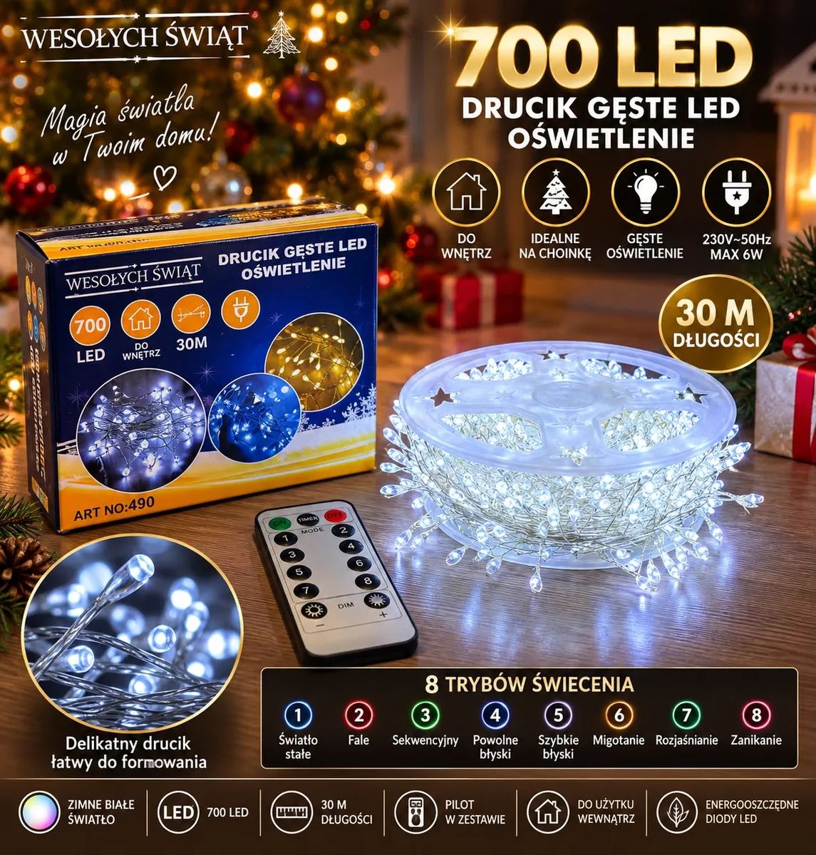 Lampki choinkowe 700 LED na cienkim druciku, zimne białe światło, pilot i opakowanie