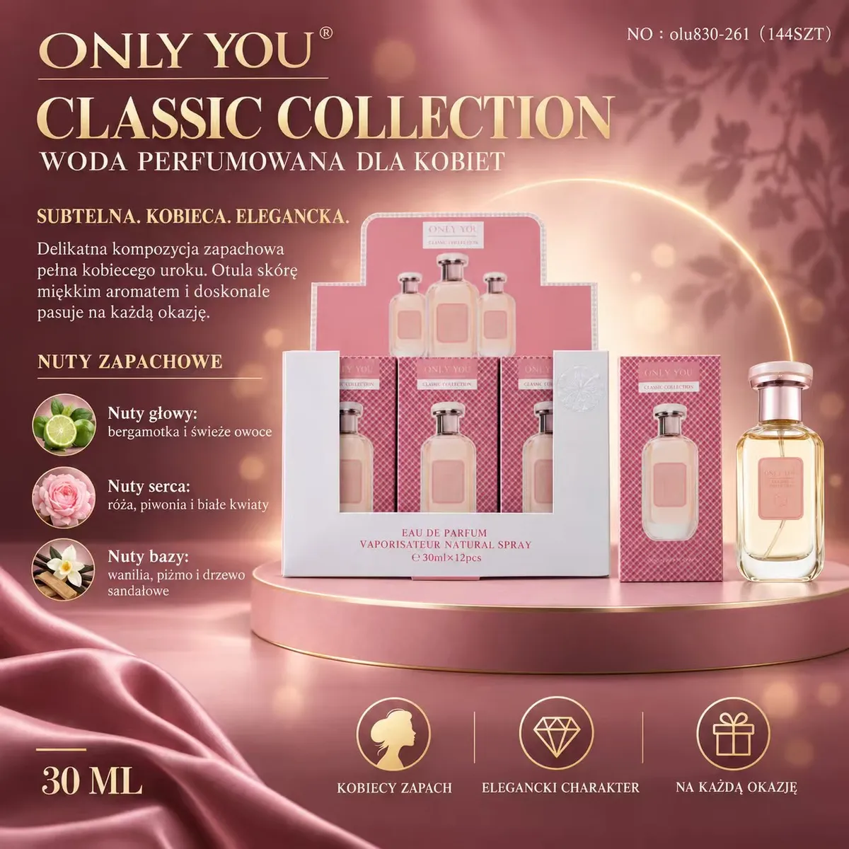 Flakon wody perfumowanej Only You Classic Collection 30 ml w różowym pudełku na tle różowego materiału