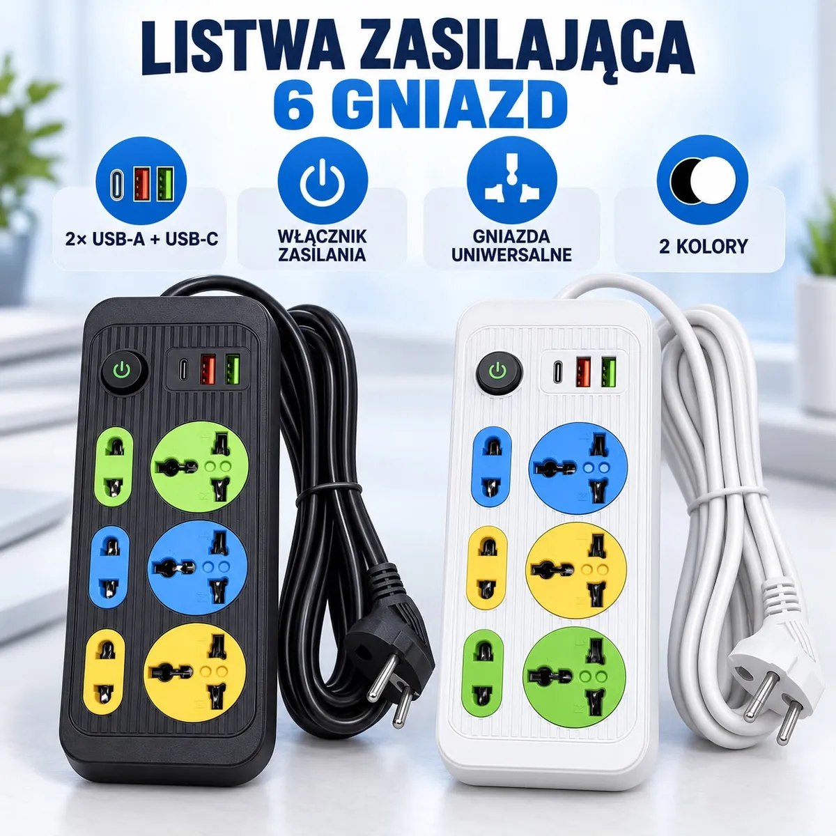 Listwa zasilająca z 6 kolorowymi gniazdami, 2 porty USB-A i USB-C, czarna i biała wersja