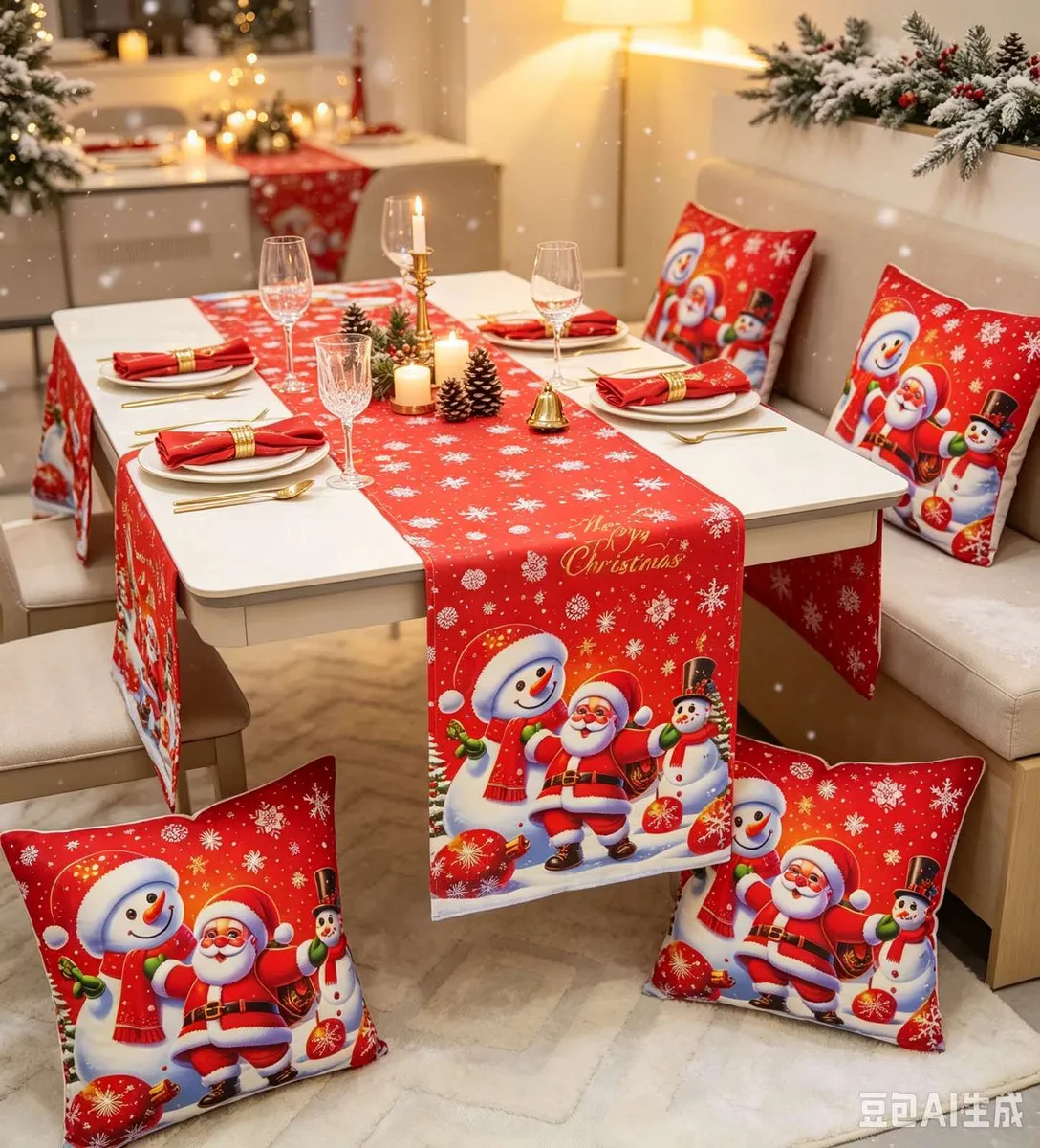 Czerwony bieżnik świąteczny 40x140 cm z Mikołajem, bałwankami i złotym napisem Merry Christmas