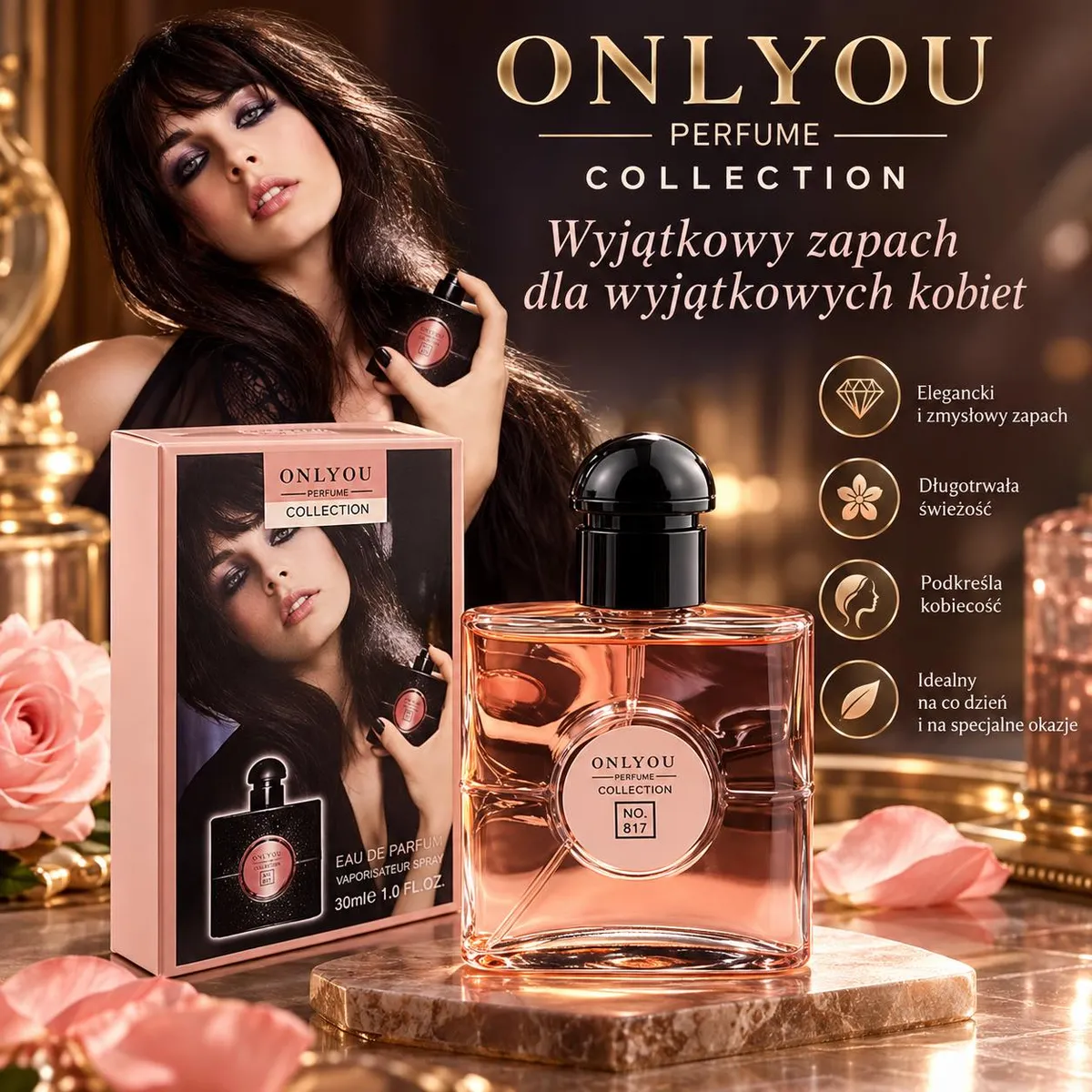 Perfumy OnlyYou 30ml w przezroczystym flakonie z różowym płynem i czarną zakrętką obok różowo-czarnego opakowania