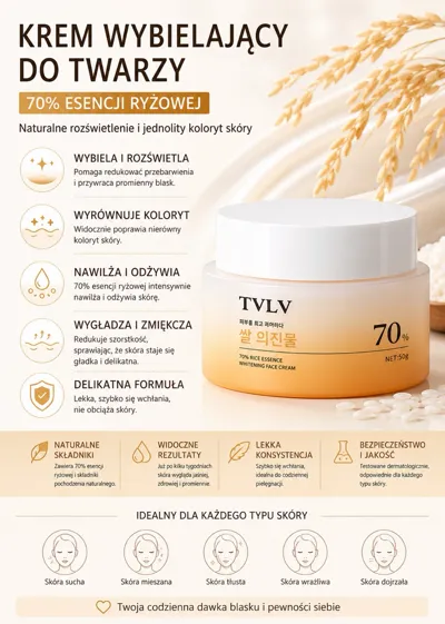 Krem wybielający do twarzy TVLV w kremowym słoiczku z białą zakrętką i opisem 70% esencji ryżowej