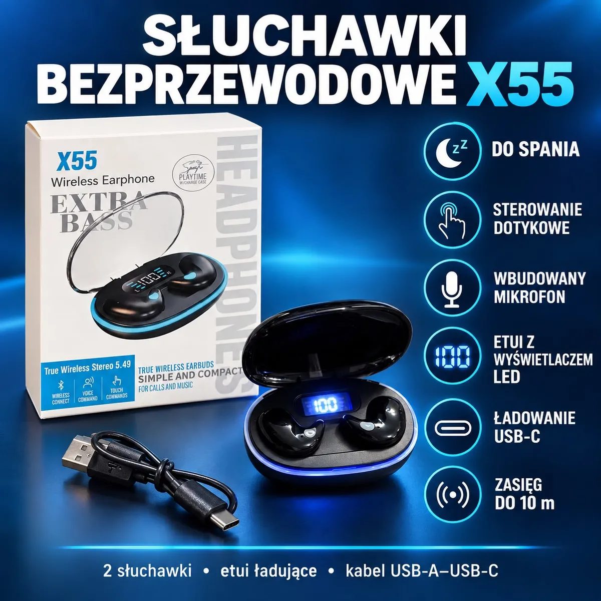 Czarne bezprzewodowe słuchawki Bluetooth X55 z etui ładującym i kablem USB-C