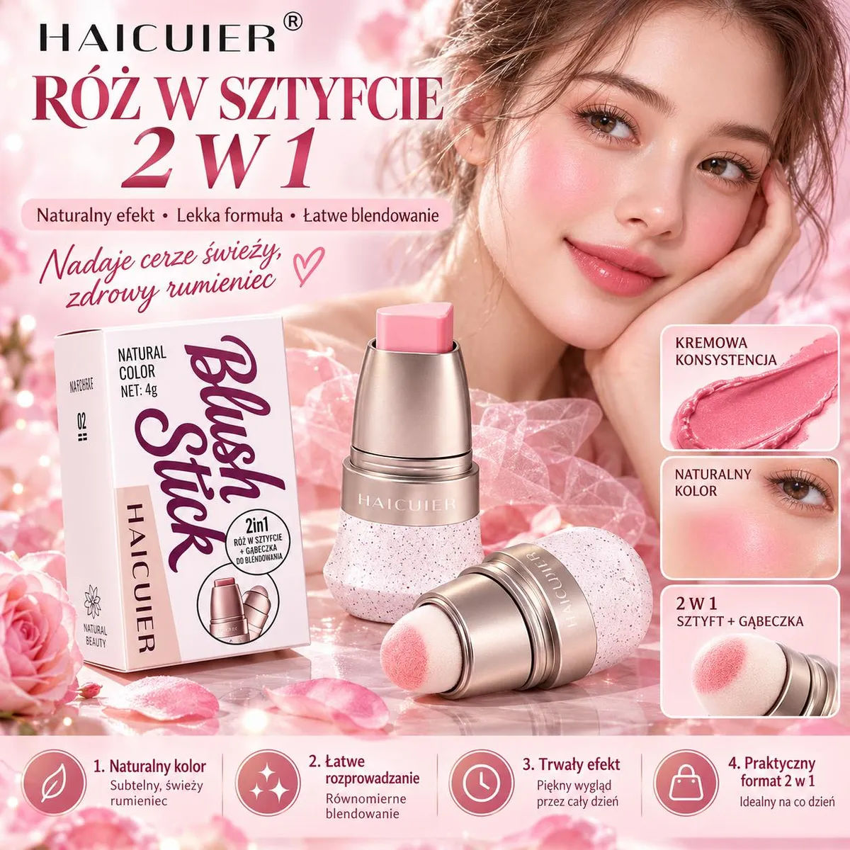 róż w kremowym sztyfcie Haicuier 2w1 z gąbeczką, naturalny różowy kolor, opakowanie 4 g