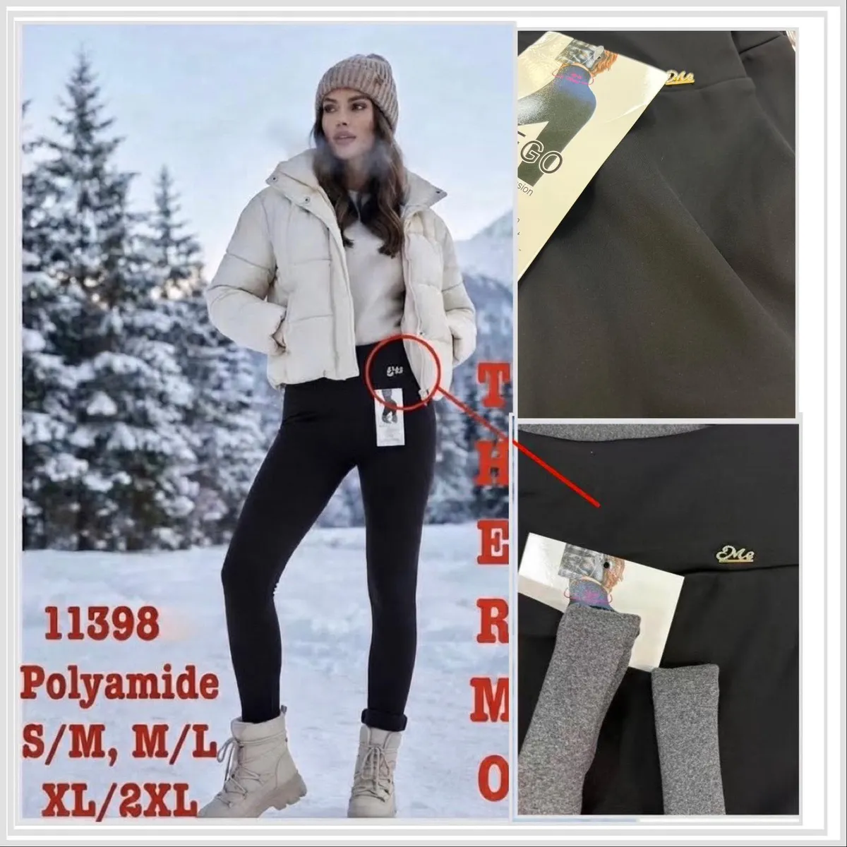 Czarne legginsy damskie termo z poliamidu na modelce w zimowym plenerze, detale paska z ozdobą