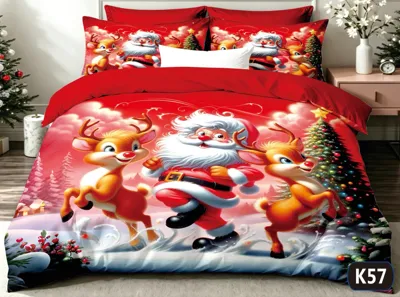 Komplet pościeli 5D z Mikołajem, reniferami i choinką na czerwonym tle, rozmiar 200x220 cm