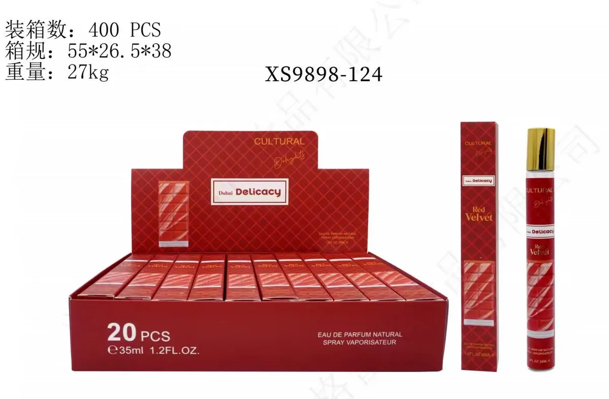 Czerwone perfumetki Red Velvet 35ml w opakowaniu zbiorczym 20 sztuk z metaliczną złotą nakrętką