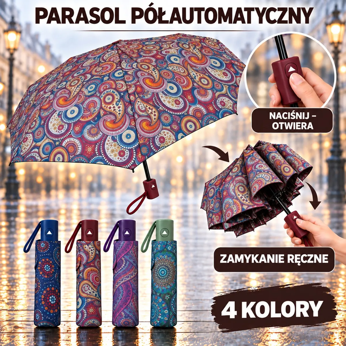 Półautomatyczny parasol składany z wzorem paisley w czterech kolorach, pokazany otwarty i złożony