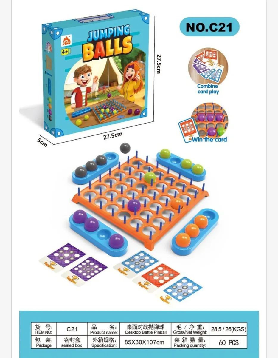 Gra planszowa Jumping Balls z pomarańczową planszą, kolorowymi kulkami i kartami do gry