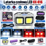 Latarka czołowa LED HX-816 z akumulatorem 18650 i czerwonym światłem ostrzegawczym
