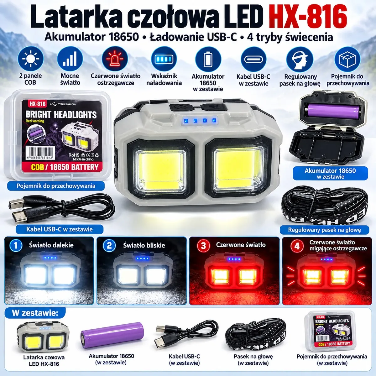 Latarka czołowa LED HX-816 biała z czarnymi elementami, dwa panele COB, akumulator 18650, kabel USB-C, pasek na głowę i pojem