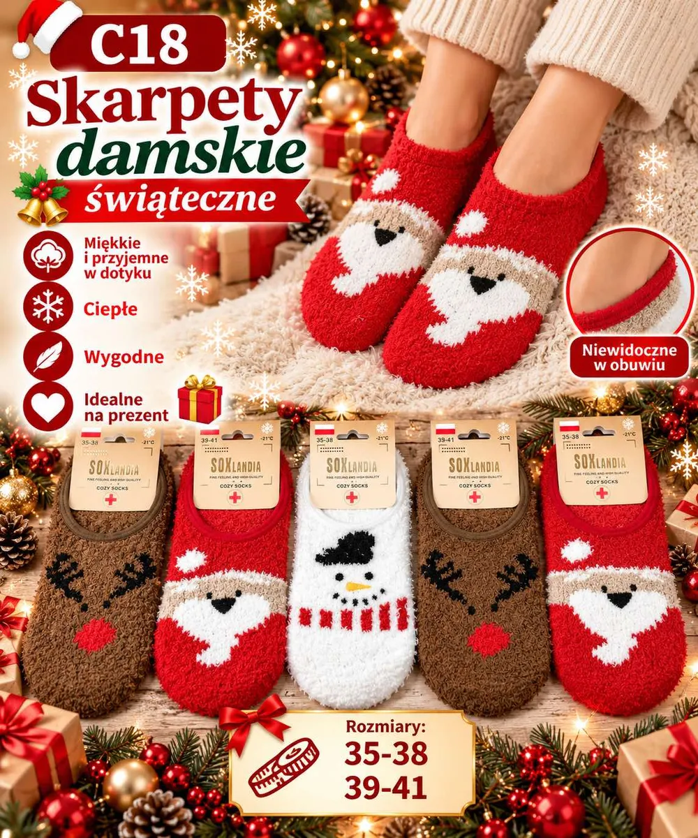 Skarpety damskie świąteczne SOXLANDIA z motywem Mikołaja, renifera i bałwanka w rozmiarach 35-41