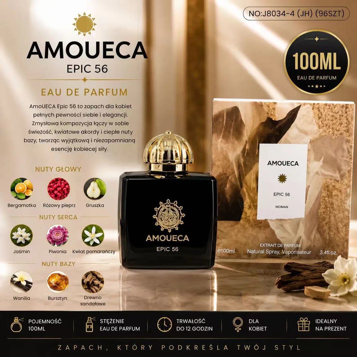 Butelka czarnych perfum Amoueca Epic 56 100ml z złotą nakrętką i opakowaniem z motywem naturalnym