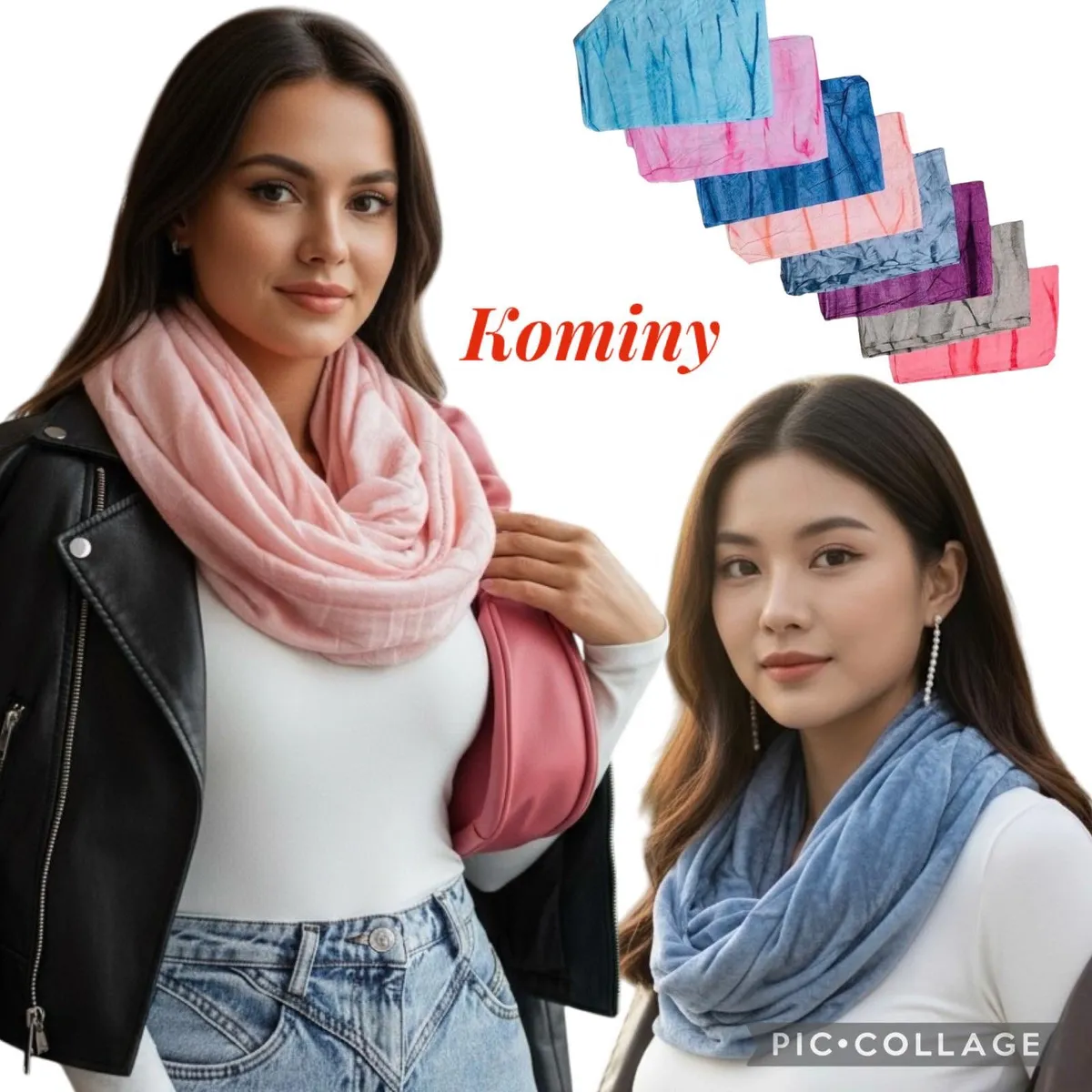 Dwie kobiety w pastelowych kominach, zestaw kominów w różnych kolorach na białym tle