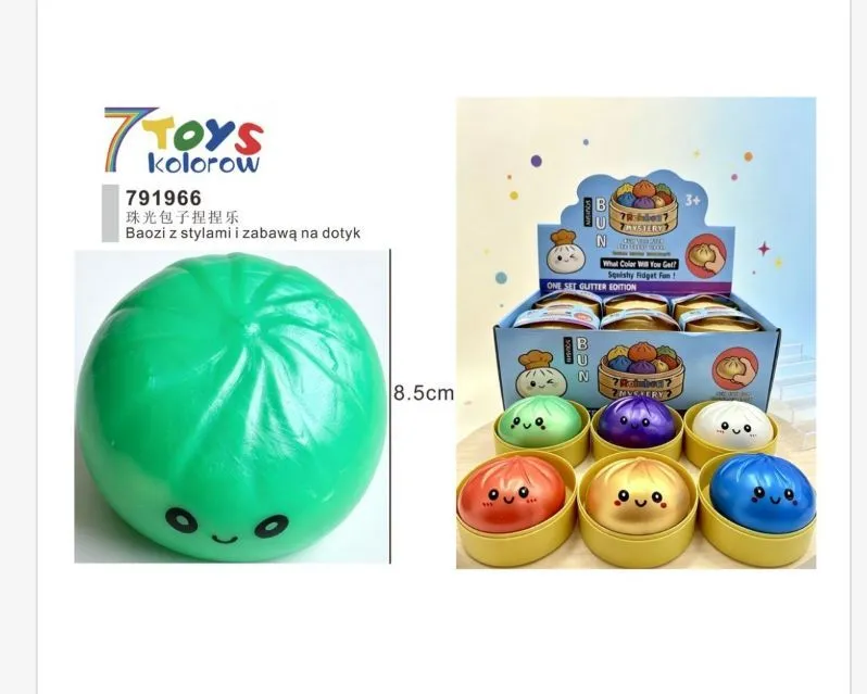 kolorowe antystresowe bułeczki squishy z uśmiechniętymi buziami w opakowaniu