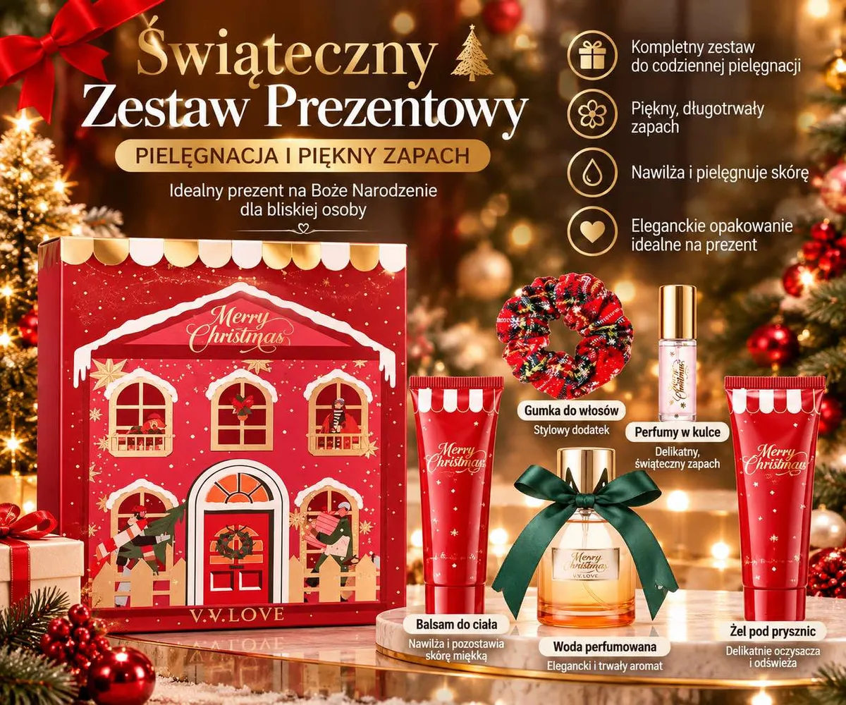 Świąteczny zestaw prezentowy V.V.LOVE z czerwonym opakowaniem, balsamem, żelem, perfumami i gumką do włosów