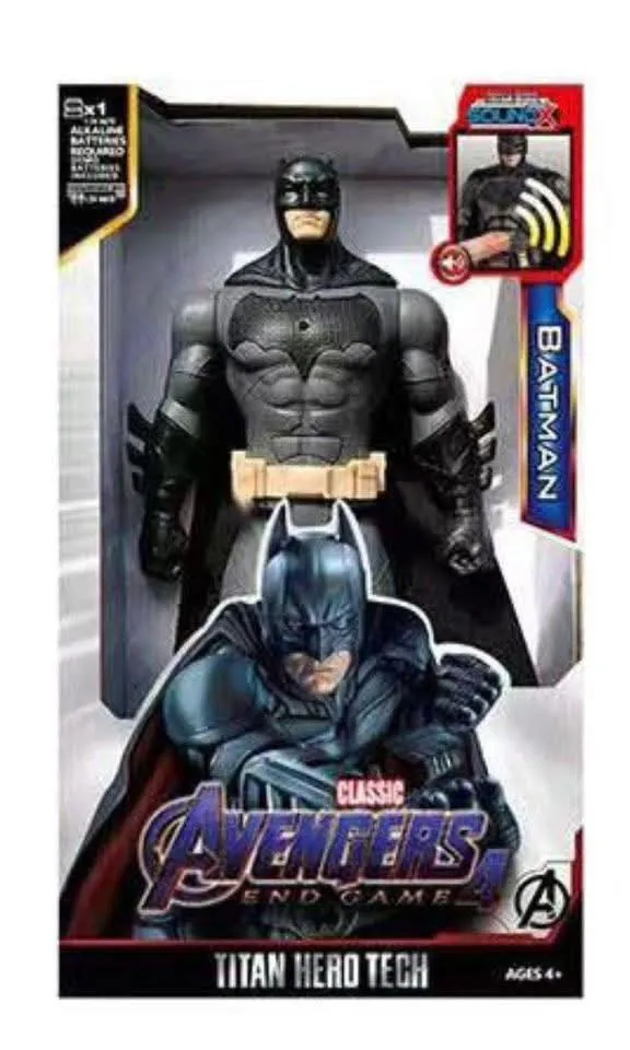 Figurka Batmana w szaro-czarnym stroju z beżowym pasem w opakowaniu z napisem Avengers