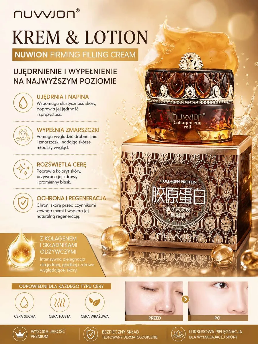 Luksusowy krem NUWJON Collagen Egg Roll w złoto-brązowym zdobionym opakowaniu na tle złotych refleksów
