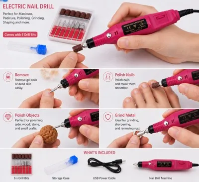 różowa frezarka do paznokci USB z 6 końcówkami, kabel USB i etui na końcówki