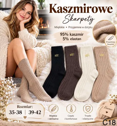 cztery pary kaszmirowych skarpet damskich w kolorach beżowym, czarnym, brązowym i kremowym