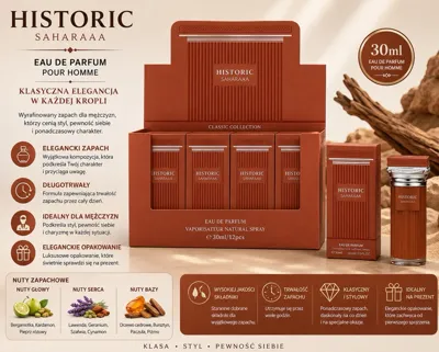 Perfumy Historic Saharaa 30ml w brązowym eleganckim opakowaniu z flakonem i nutami zapachowymi
