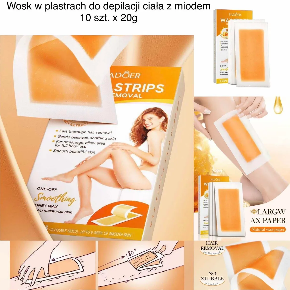 opakowanie plastrów do depilacji z woskiem miodowym Sadoer, 10 sztuk po 20g, plastry na skórze i instrukcja użycia