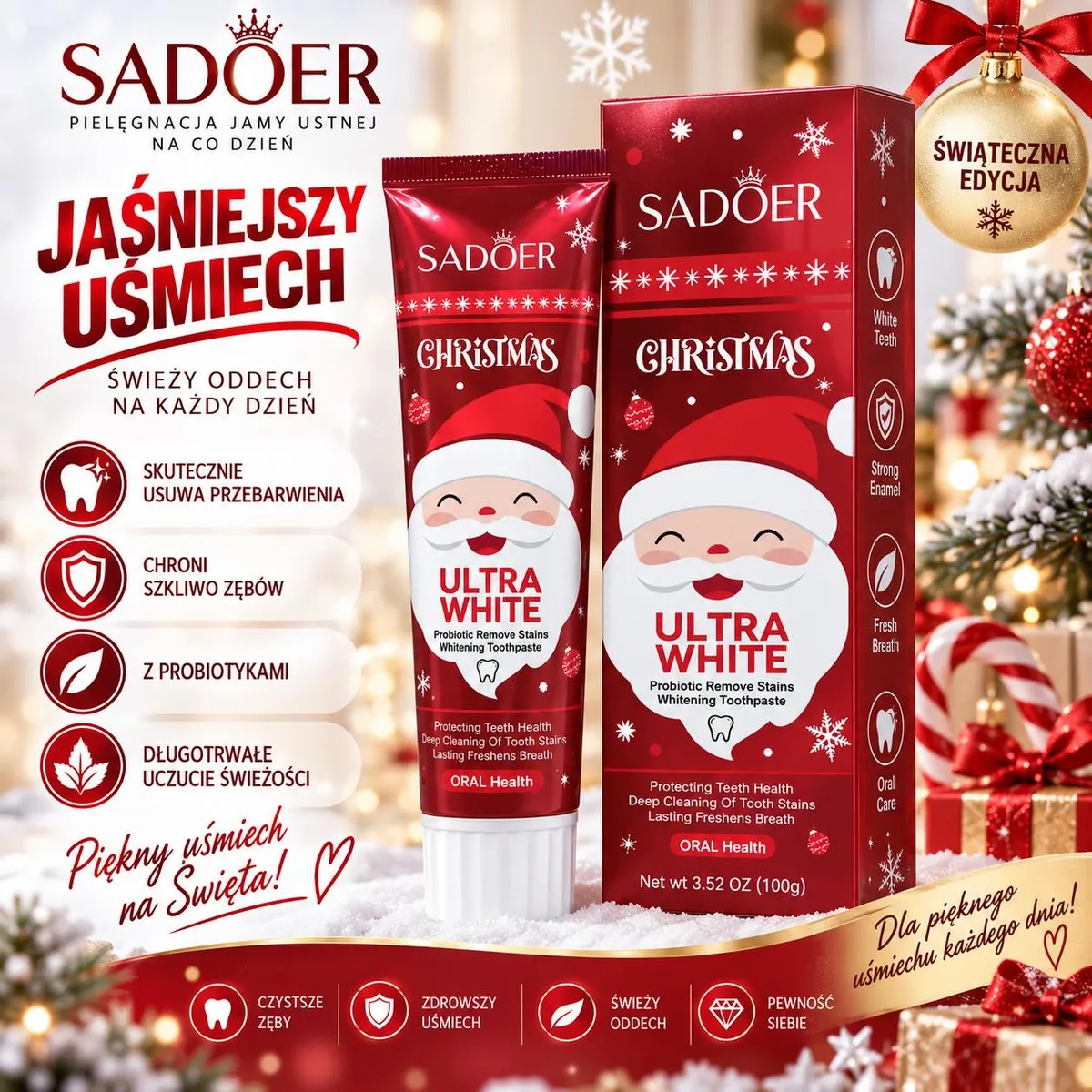 Czerwona tubka pasty do zębów Sadoer Christmas Ultra White z Mikołajem i świątecznym opakowaniem